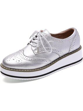 Women's Sliver Round Toe Lace Up Leather Oxford Shoes Wingtip White Platform